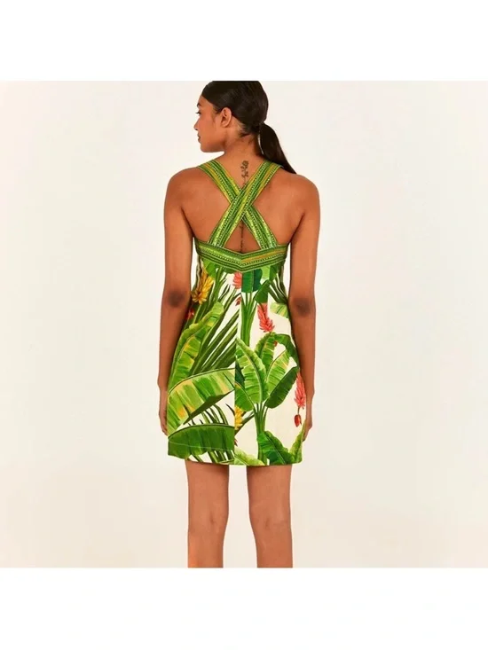 Farm Rio Fresh Forest Scarf Button Down Mini Dress Linen Sweetheart - Picture 3 of 10